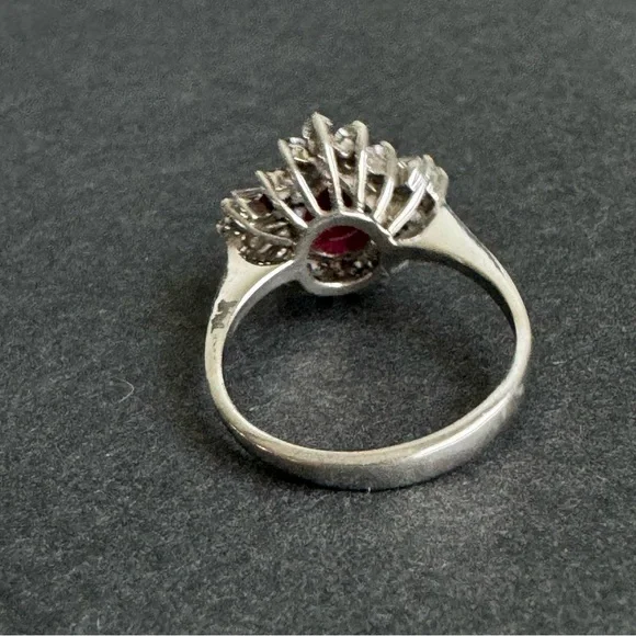Vintage Faux Ruby Cocktail Ring Sterling Silver Cubic Zirconia Halo Cluster 8